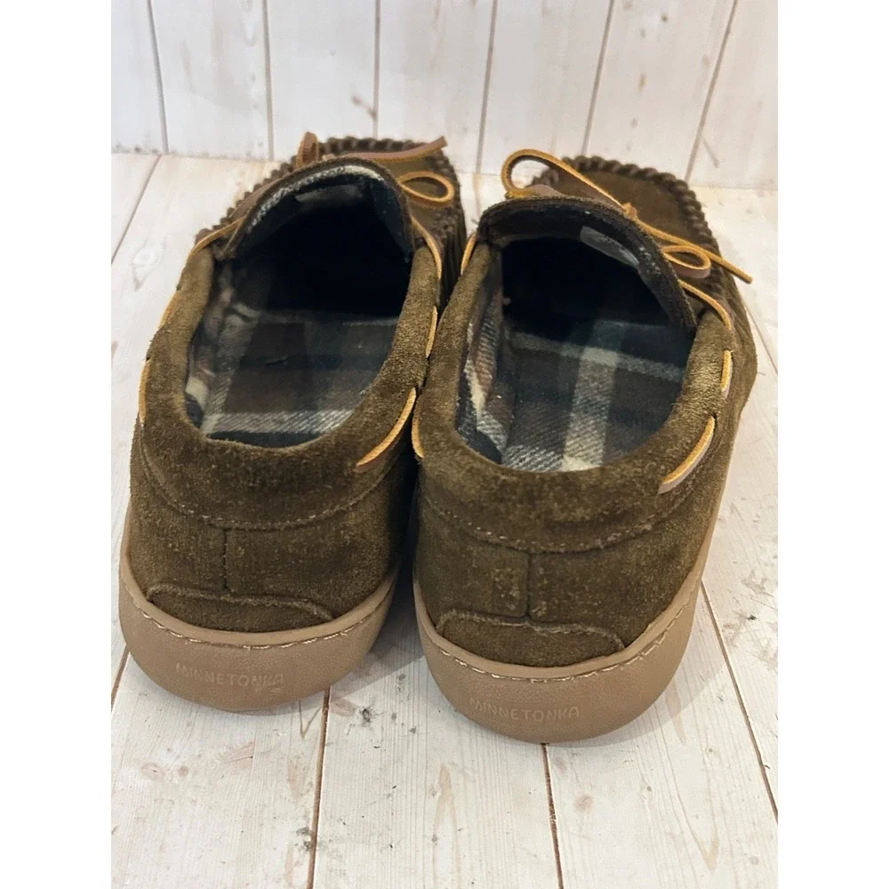 Minnetonka Mens Solid Plaid 41322  Brown Flat Slip On Moccasin Slipper Size 12M